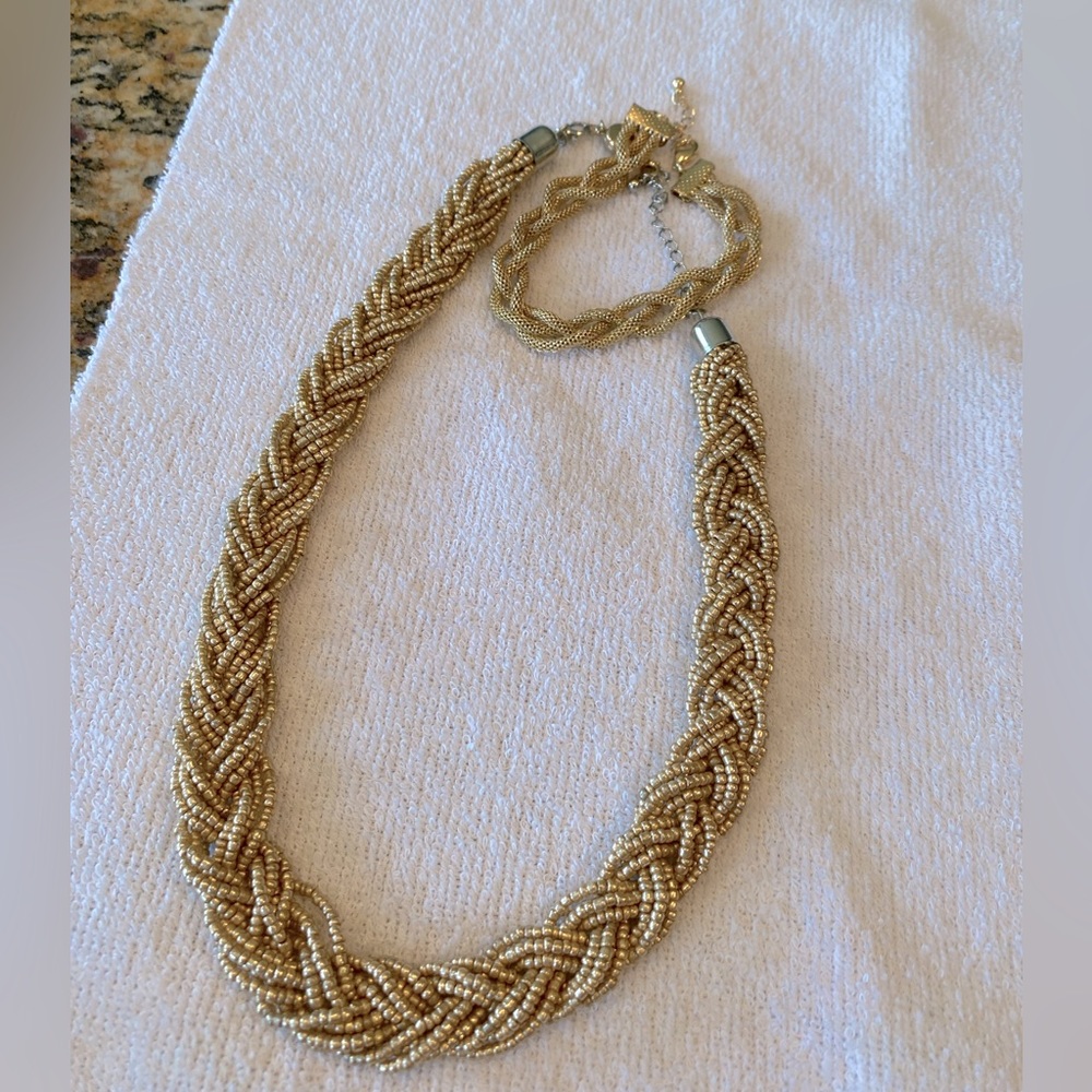 Gold bead necklace and bracelet